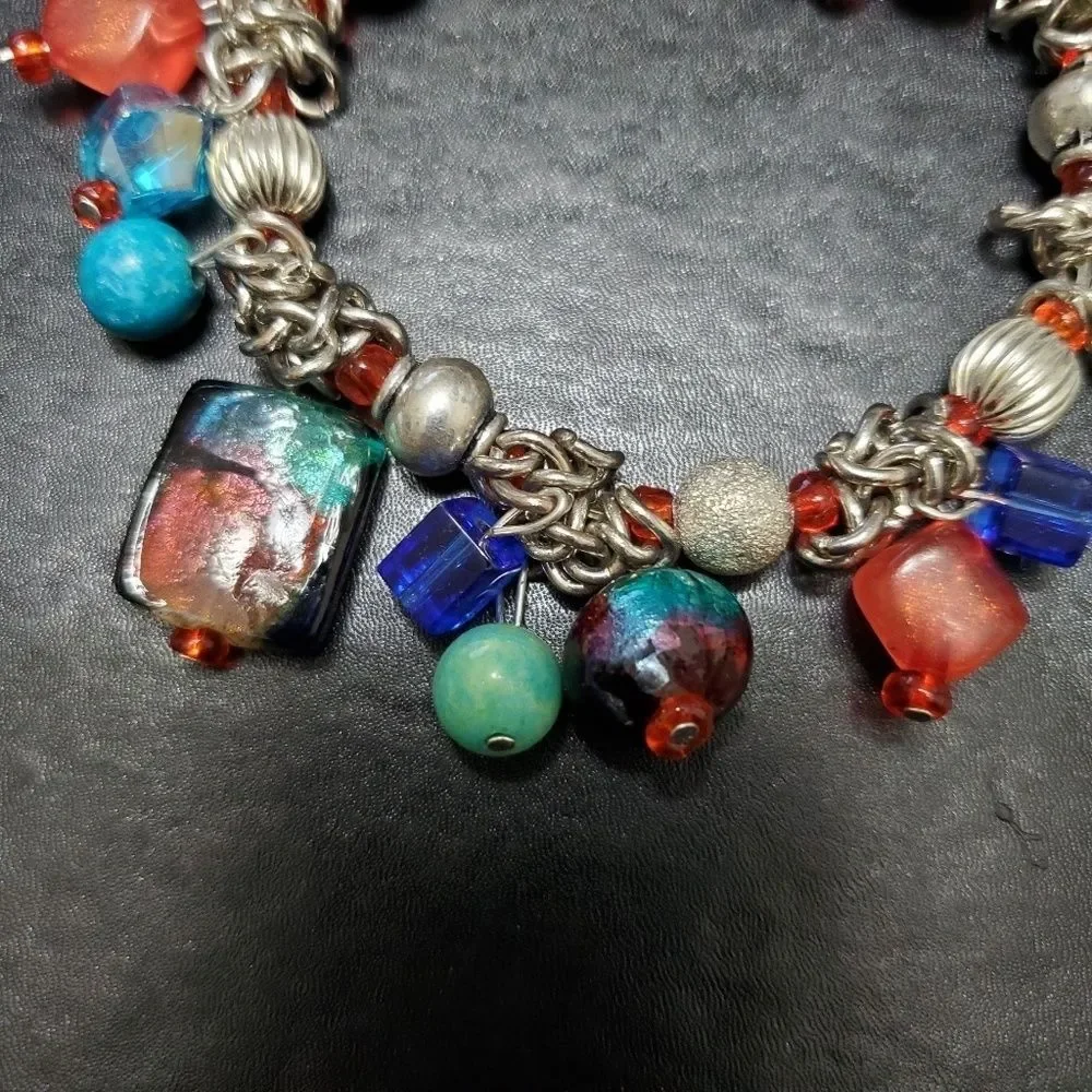 Silver tone beaded bracelet colorful 6.5